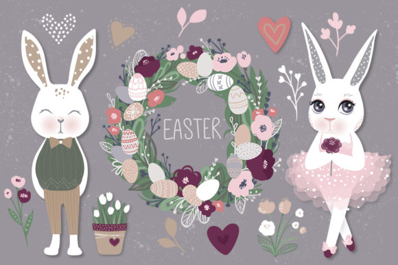 Happy Easter: Bunnies, Eggs, Flowers